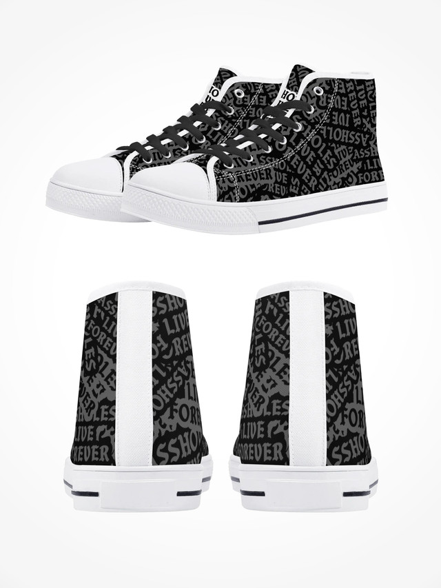 Men's High Top Canvas Shoes - Black On White Assholes Sticker Logos