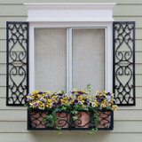 10" Wide Orleans Aluminum Decorative Shutter Pair mounted on window with matching window box