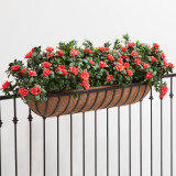 English Garden Railing Basket on black railing with flowers