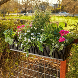 Arch Tapered Railing Planter with black liner on metal fence with pink and white flowers Arch Tapered Railing Planter with black liner on metal fence with pink and white flowers