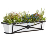 Medallion Railing Planter with white liner planted with flowers