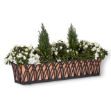 Arch Tapered Window Box with oil rubbed bronze galvanize planter liner planted with festive flowers Arch Tapered Window Box with oil rubbed bronze galvanize planter liner planted with festive flowers