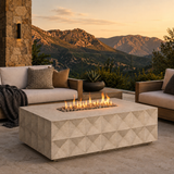 Iluze fire table shown with  chenza finish in covered patio desert mountains in background