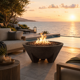 Gobi fire bowl shown in terron on deck with ocean in background