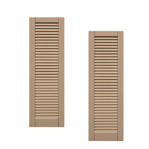 Front view of a pair of louvered shutters in Craftsman Brown finish Front view of a pair of louvered shutters in Craftsman Brown finish