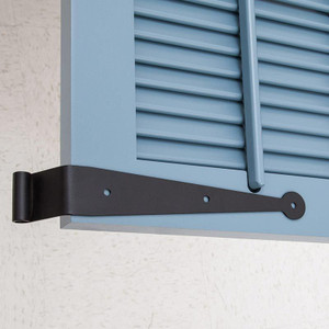 Stainless Steel Exterior Shutter Strap Hinge on a blue shutter Stainless Steel Exterior Shutter Strap Hinge on a blue shutter