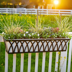 Arch Tapered Railing Planter on wood rail with grass in background Arch Tapered Railing Planter on wood rail with grass in background