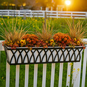 Arch Tapered Railing Planter with white liner with fall foliage