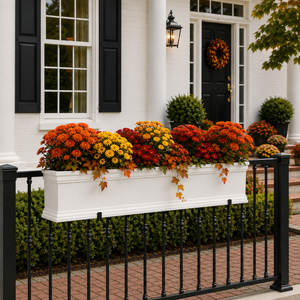 Laguna Railing Planter filled with mums on wrought iron fence in front of traditional home