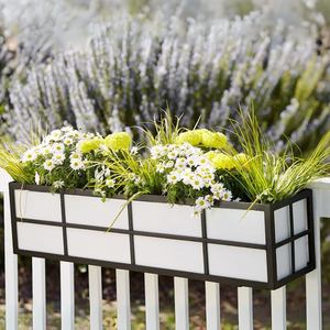 Simple Elegance Railing Planter on white railing with lavender in background Simple Elegance Railing Planter on white railing with lavender in background
