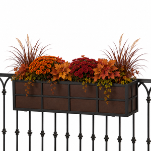 Simple Elegance Railing Planter with fall foliage on wrought iron fence with white background