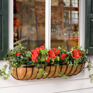 Scroll Window Basket with artificial flowers and ivy