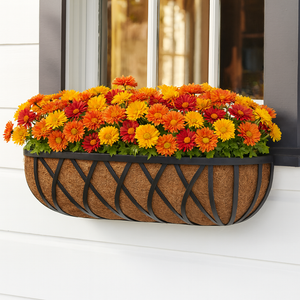 Arch Hayrack window box mounted under window fall flowers