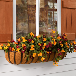 XL English Garden Hayrack Window Box with autumn flowers on home with shutters XL English Garden Hayrack Window Box with autumn flowers on home with shutters