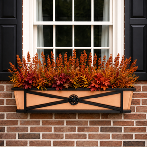 Medallion Window Box with copper liner with fall foliage mounted to a house with black shutters