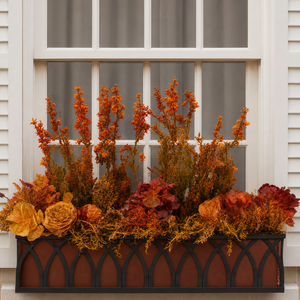Arch window box with bronze liner mounted under a window on a white home with fall foliage