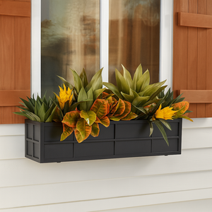 Simple Elegance Window Box  with black liner on a house with brown shutters