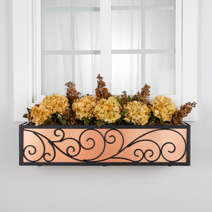Wayfarer Window Box with copper liner and fall flowers mounted under a window