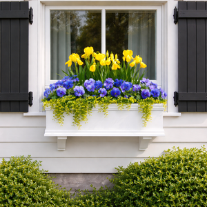 Laguna Direct Mount Window Box with yellow and purple flower, mounted under window.