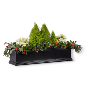 Black fiberglass Laguna Window Box with winter arrangement.
