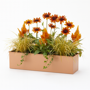 Real Copper Liner or window box with autumnal flowers on white background Real Copper Liner or window box with autumnal flowers on white background