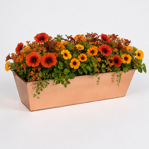 Real Copper 2-in-1 Tapered Window Box or Liner with fall flowers on a white background