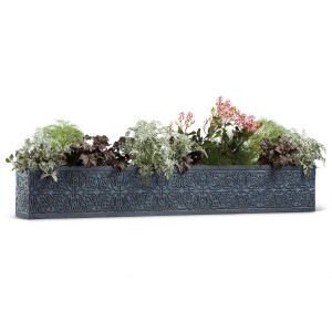 Jaadar Fiberstone Window Box in zinc finish with floral arrangement. Jaadar Fiberstone Window Box in zinc finish with floral arrangement.