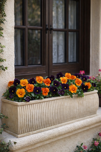 Barrel Fiberstone Window Box with floral arrangement in Natural Finish on a ledge