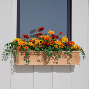 Framed Cottage Cedar Window Box w/ Cleat mounted under a window with fall colored flowers