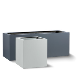 Urban fiberglass rectangle planter shown in charcoal and a square shown in dove. Urban fiberglass rectangle planter shown in charcoal and a square shown in dove.