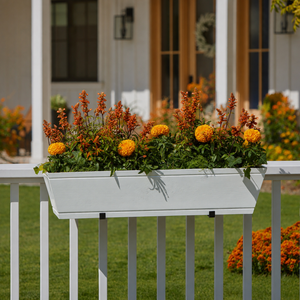 Modern Farmhouse Railing Planter filled with fall foliage  on a railing in front of house