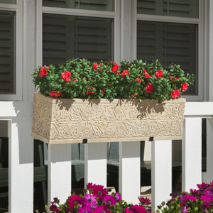 Jaadar fiberstone railing planter in Antigua finish with artificial azaleas Jaadar fiberstone railing planter in Antigua finish with artificial azaleas