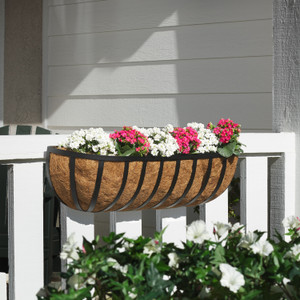 XL English Garden Hayrack on white railing with pink and white flowers XL English Garden Hayrack on white railing with pink and white flowers