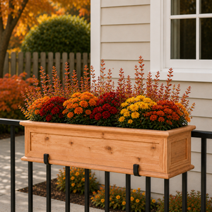 Framed Cottage Cedar Railing Planter filled with fall foliage on black wrought iron fence