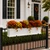Laguna Railing Planter filled with mums on wrought iron fence in front of traditional home