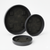 An array of dark gray semi gloss round saucer drip pans for Urban Planters on white background