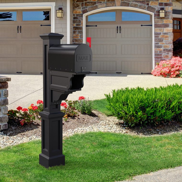 Dawson Plus Mail Box Post in black in front of a home