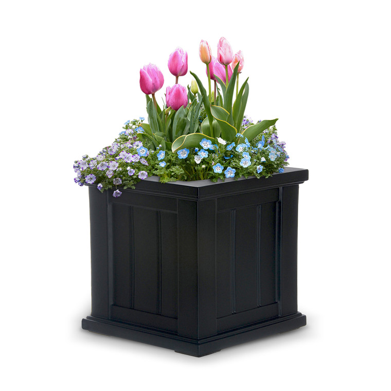 Promenade Square Planter in black with pink flowers on white background