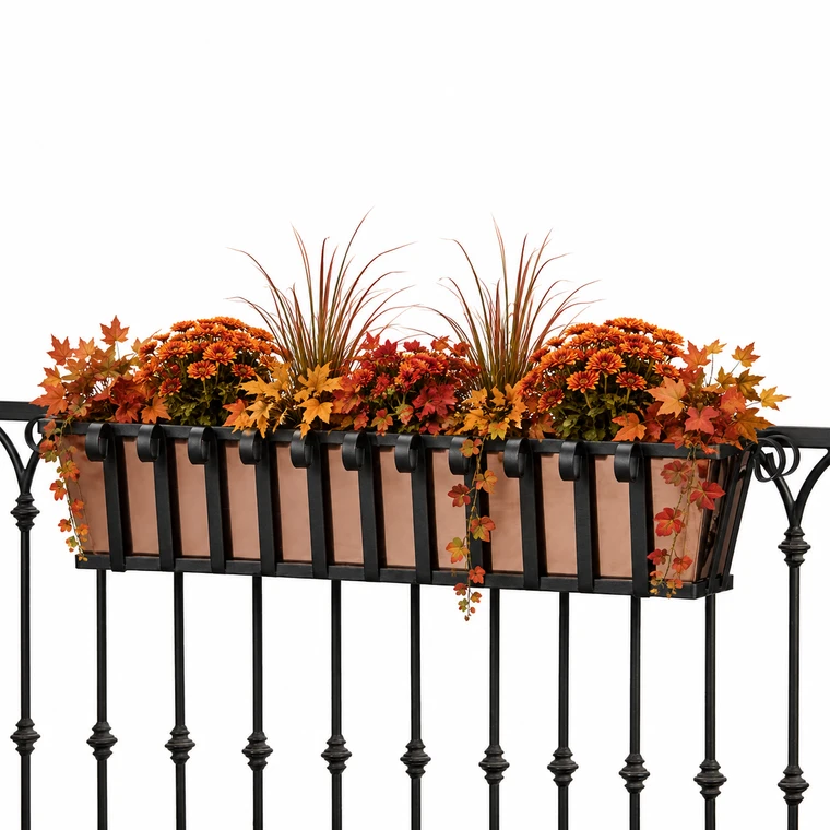 Venetian Railing Planter with copper liner filled with fall foliage