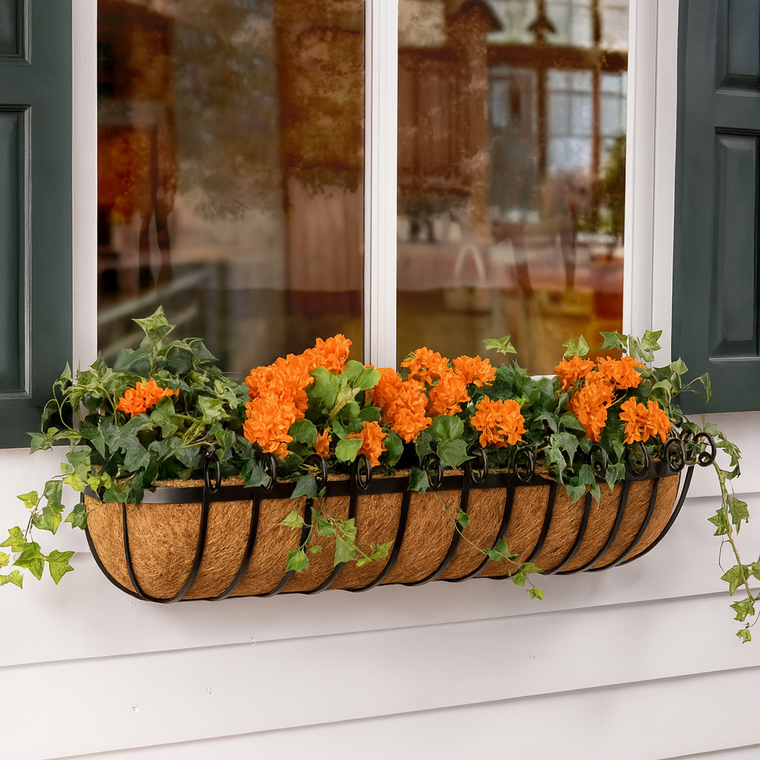 Scroll Hayrack Window Basket mounted under window with orange flowers