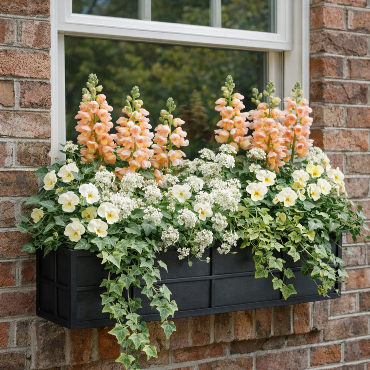 Simple Elegance Window Box  with black liner on a house with pink and white flowers