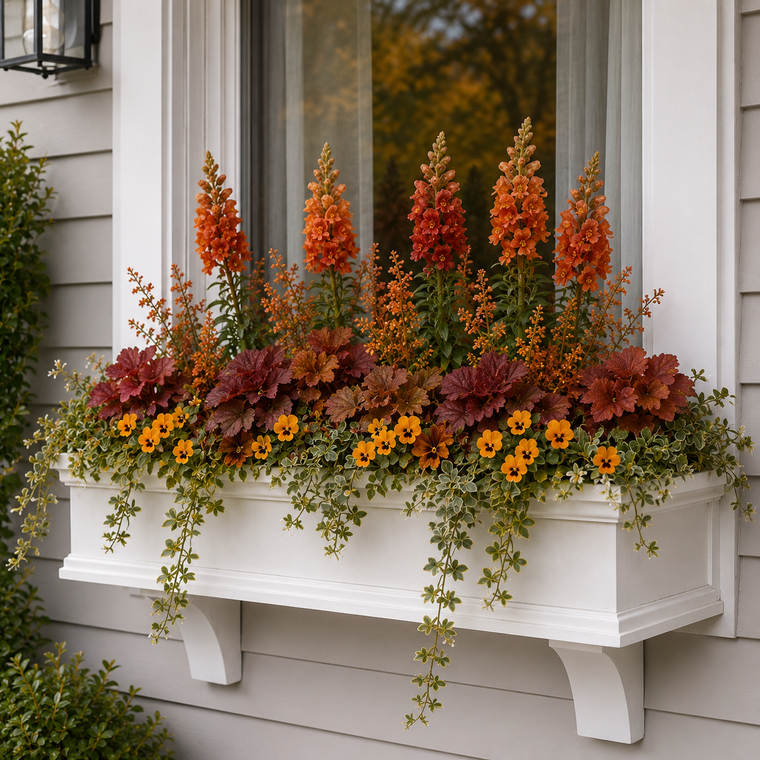 Laguna Cleat Mount Window Box filled with fall foliage shown with decorative faux brackets on a home