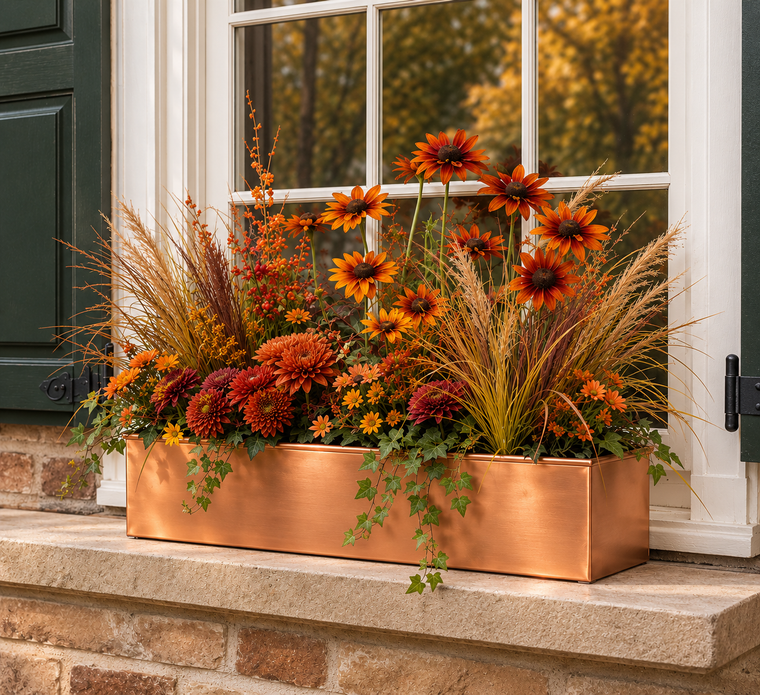 Real Copper Liner or window box with autumnal flowers on a ledge with a home with shutters.