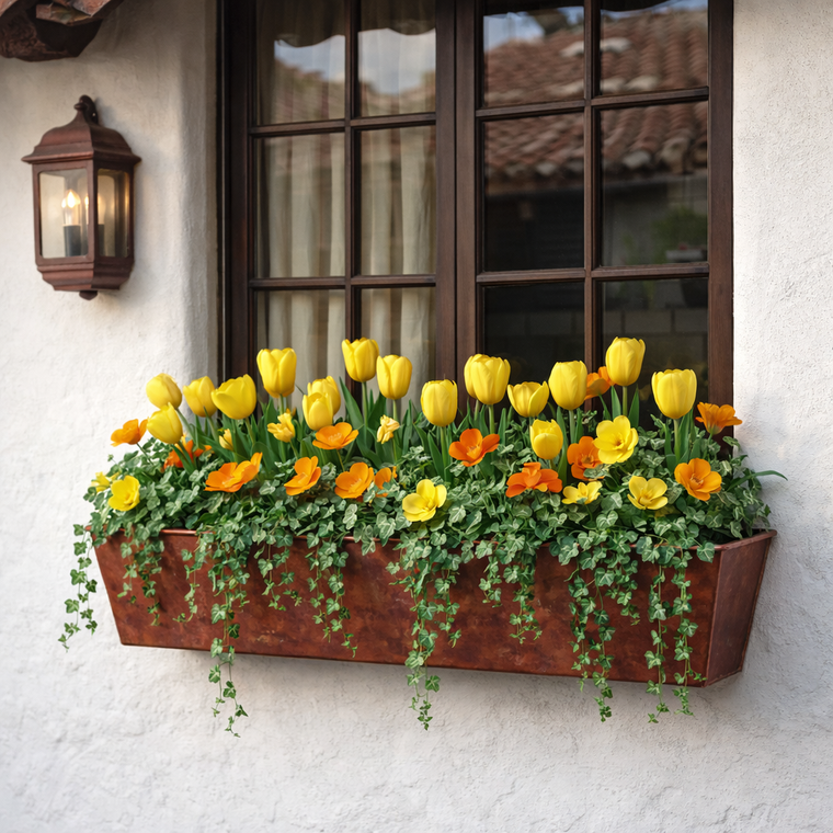 Oil Rubbed Bronze Galvanized 2-in-1 Window Box or Liner installed on window with yellow tulips