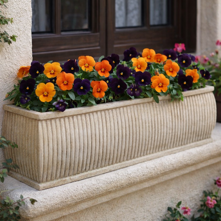 Barrel Fiberstone Window Box with floral arrangement in Natural Finish on a ledge