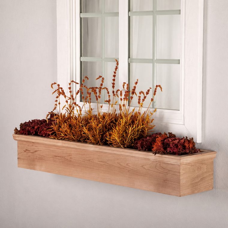 Newport Cedar Window Box planted with Autumnal flowers and mounted under a window