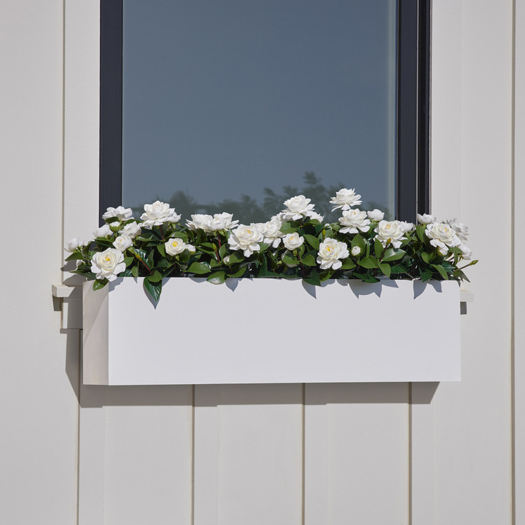 PVC 2 in 1 Window Box or Liner on  a white house with gardenias planted