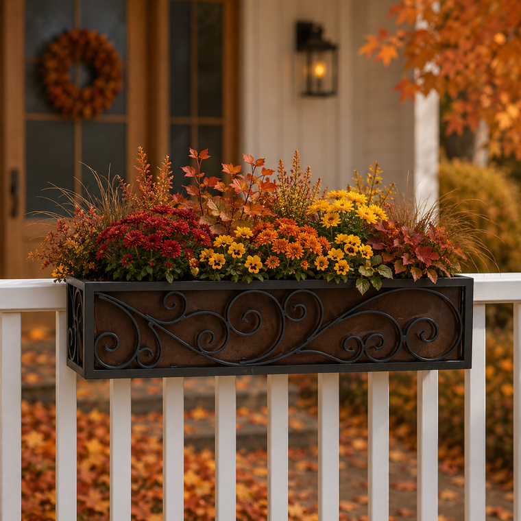 Wayfarer Railing Planter with fall foliage  on white wood railing in front of a home