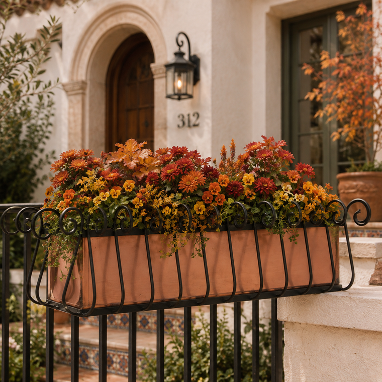 Heatherbrook Railing  Planter with copper window box filled  with fall foliage in front of a home