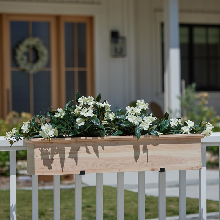 Newport Cedar Window Box on a wood railing with white flowers